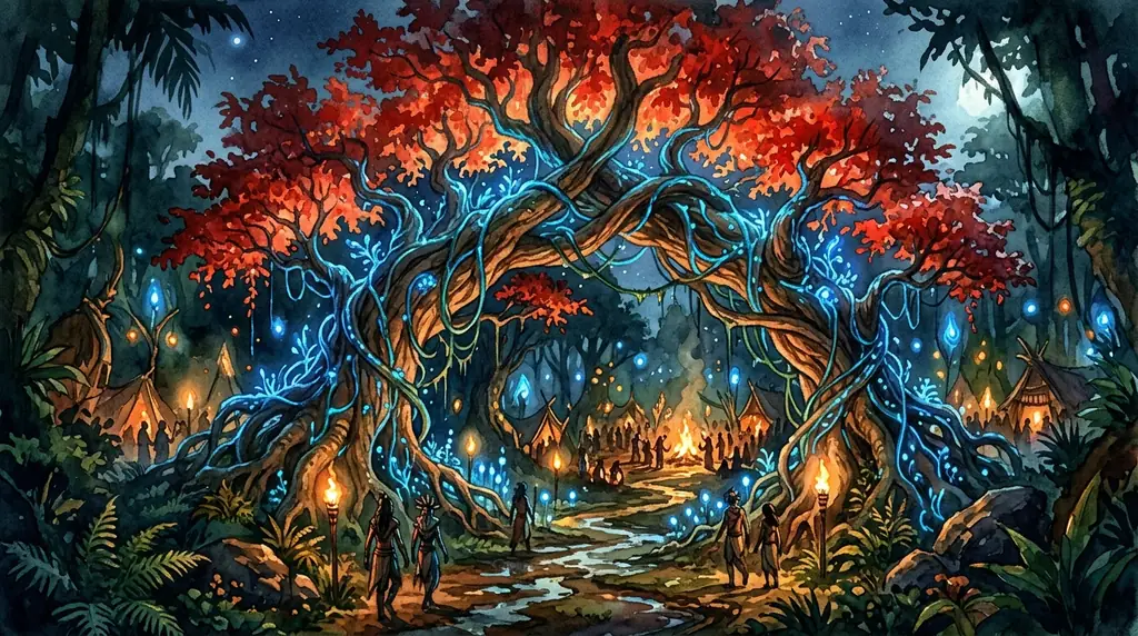 Cinematic landscape of ancient glowing alien trees