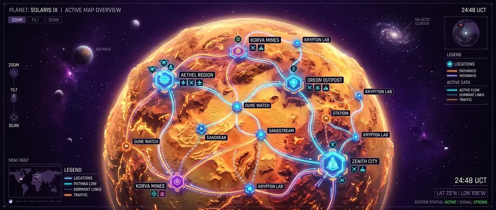 Top-down illustrative map of the carnival regions with glowing nodes