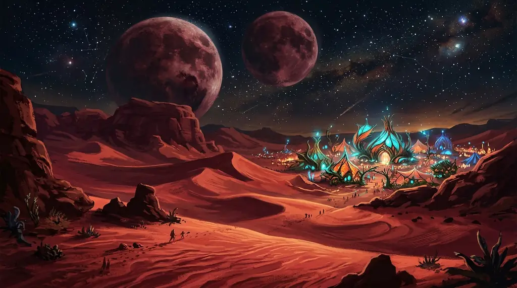 Glowing red sand desert with twin maroon moons