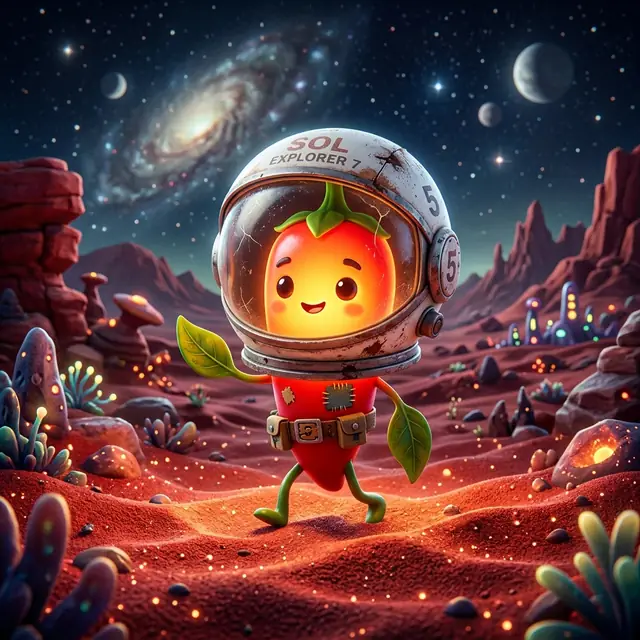 Ignis the pepper-sapling mascot wearing an astronaut helmet